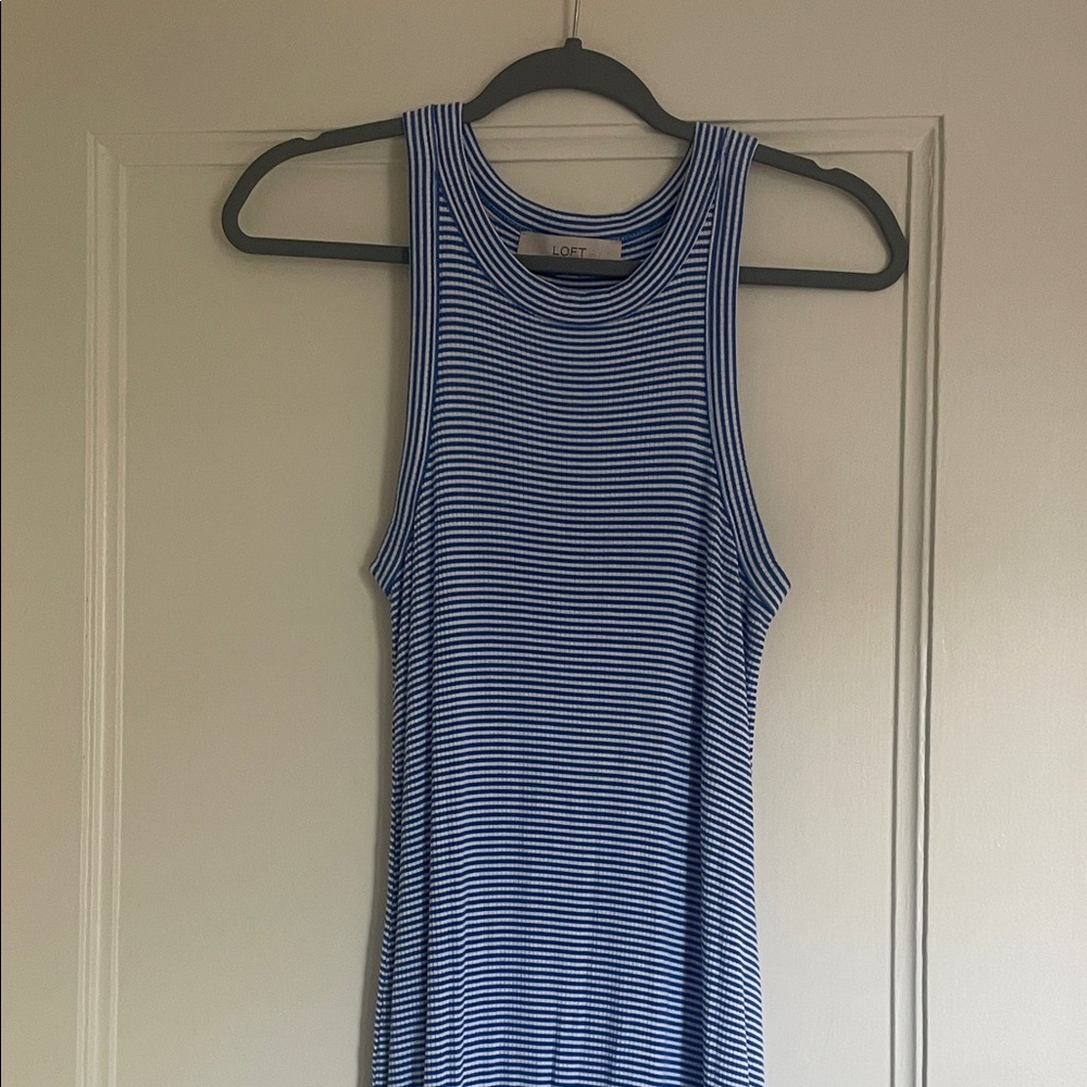 LOFT Blue & White Striped Ribbed Tank Dress